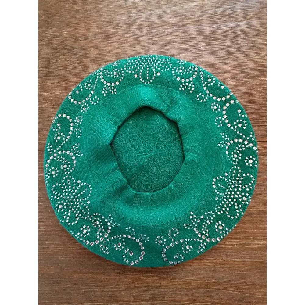 Emerald Green Wool Blend Beret Hat with Rhinestone Floral Embellishments